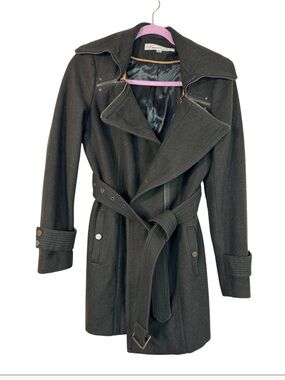 Kenneth Cole Green Wool Blend Trench Coat Womens 8 Classic Preppy Fall Belted